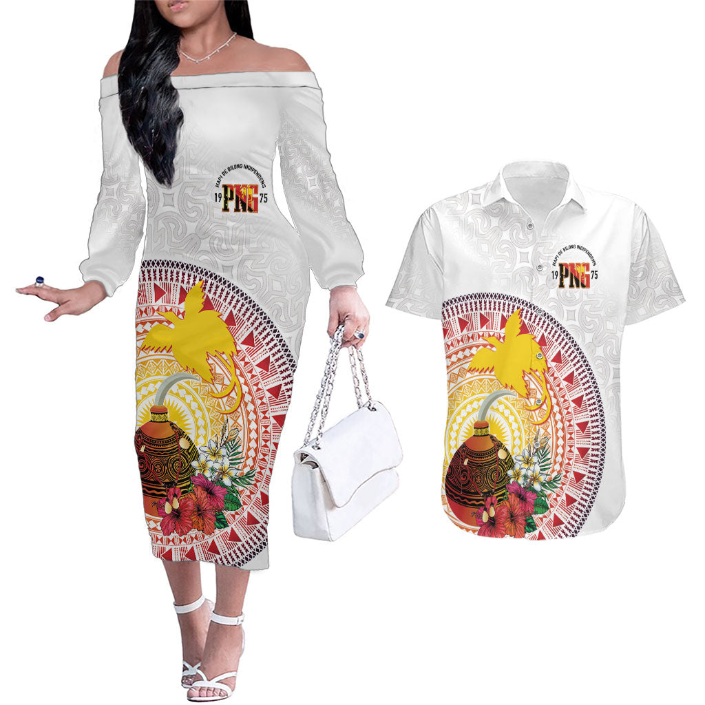 Hapi De Bilong Indipendens Papua New Guinea Couples Matching Off The Shoulder Long Sleeve Dress and Hawaiian Shirt PNG Lime Pot