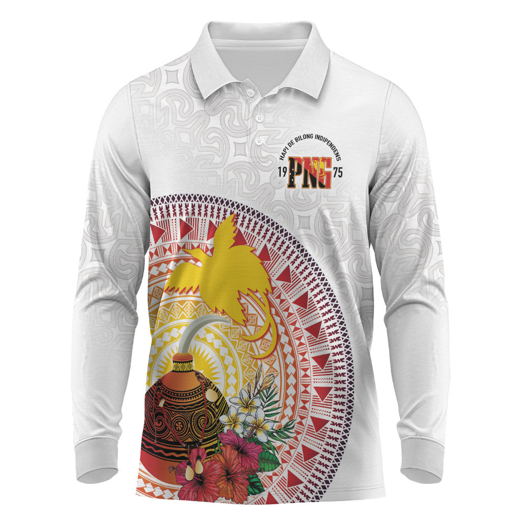 Hapi De Bilong Indipendens Papua New Guinea Long Sleeve Polo Shirt PNG Lime Pot LT7 White - Polynesian Pride