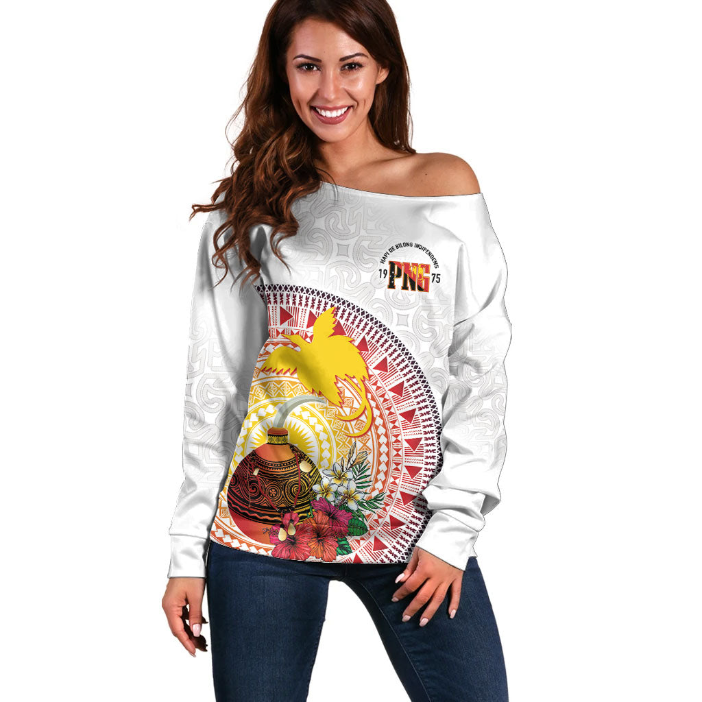 Hapi De Bilong Indipendens Papua New Guinea Off Shoulder Sweater PNG Lime Pot LT7 Women White - Polynesian Pride