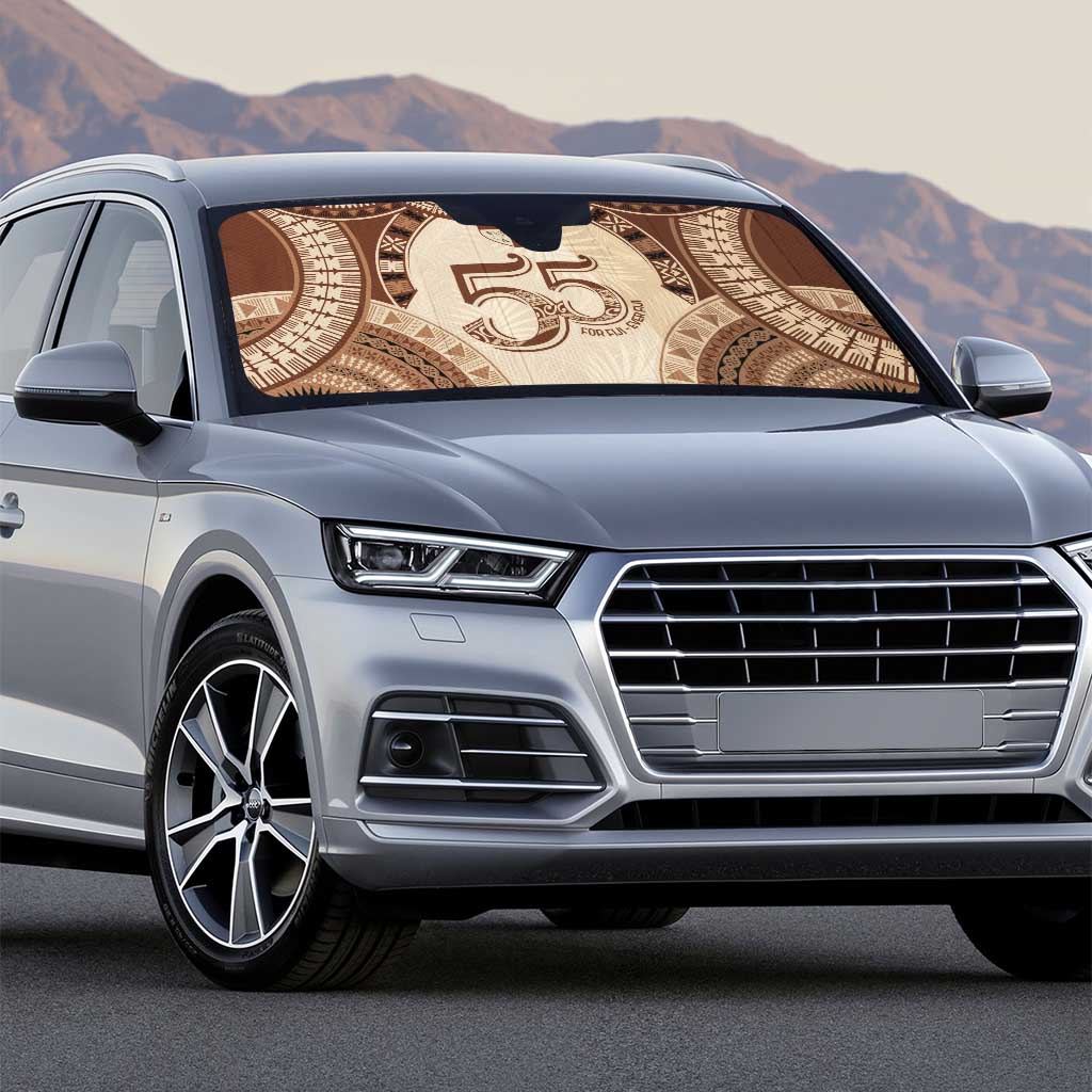 Bula Fiji Day 55th Anniversary Masi Tapa Auto Sun Shade Emerald Jubilee - Beige - Polynesian Pride