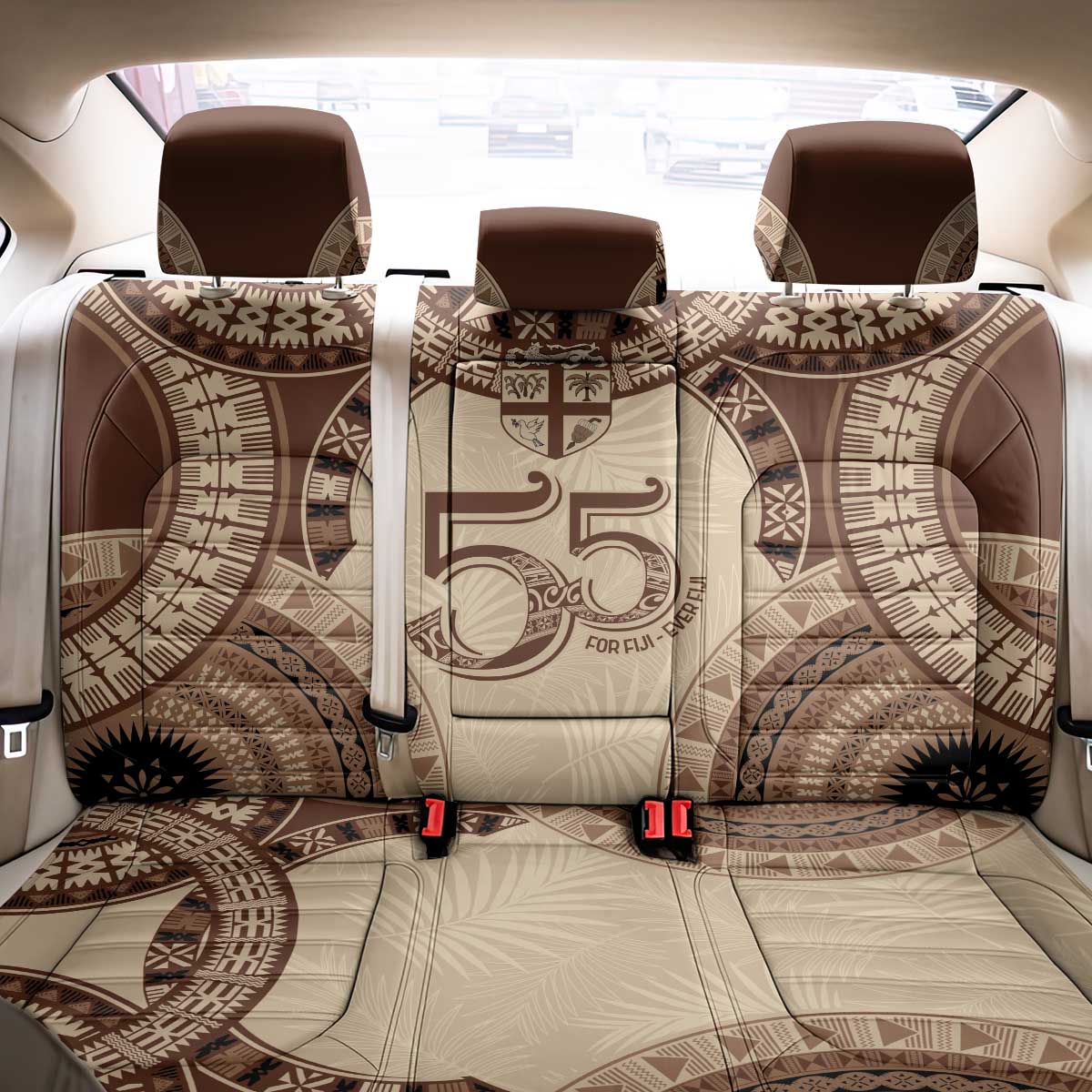 Bula Fiji Day 55th Anniversary Masi Tapa Back Car Seat Cover Emerald Jubilee - Beige - Polynesian Pride