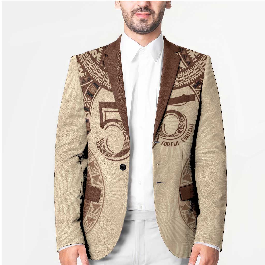 Bula Fiji Day 55th Anniversary Masi Tapa Blazer Emerald Jubilee - Beige - Polynesian Pride