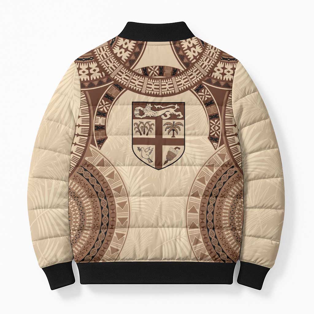 Bula Fiji Day 55th Anniversary Masi Tapa Bomber Puffer Jacket Emerald Jubilee - Beige - Polynesian Pride
