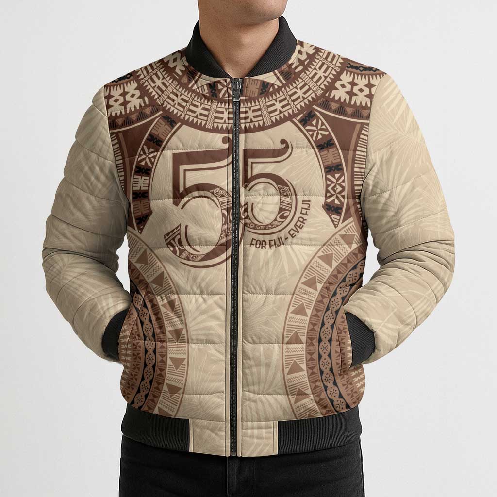 Bula Fiji Day 55th Anniversary Masi Tapa Bomber Puffer Jacket Emerald Jubilee - Beige - Polynesian Pride