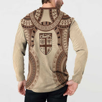 Bula Fiji Day 55th Anniversary Masi Tapa Button Sweatshirt Emerald Jubilee - Beige - Polynesian Pride