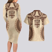 Bula Fiji Day 55th Anniversary Masi Tapa Couples Matching Long Sleeve Bodycon Dress and Hawaiian Shirt Emerald Jubilee - Beige - Polynesian Pride