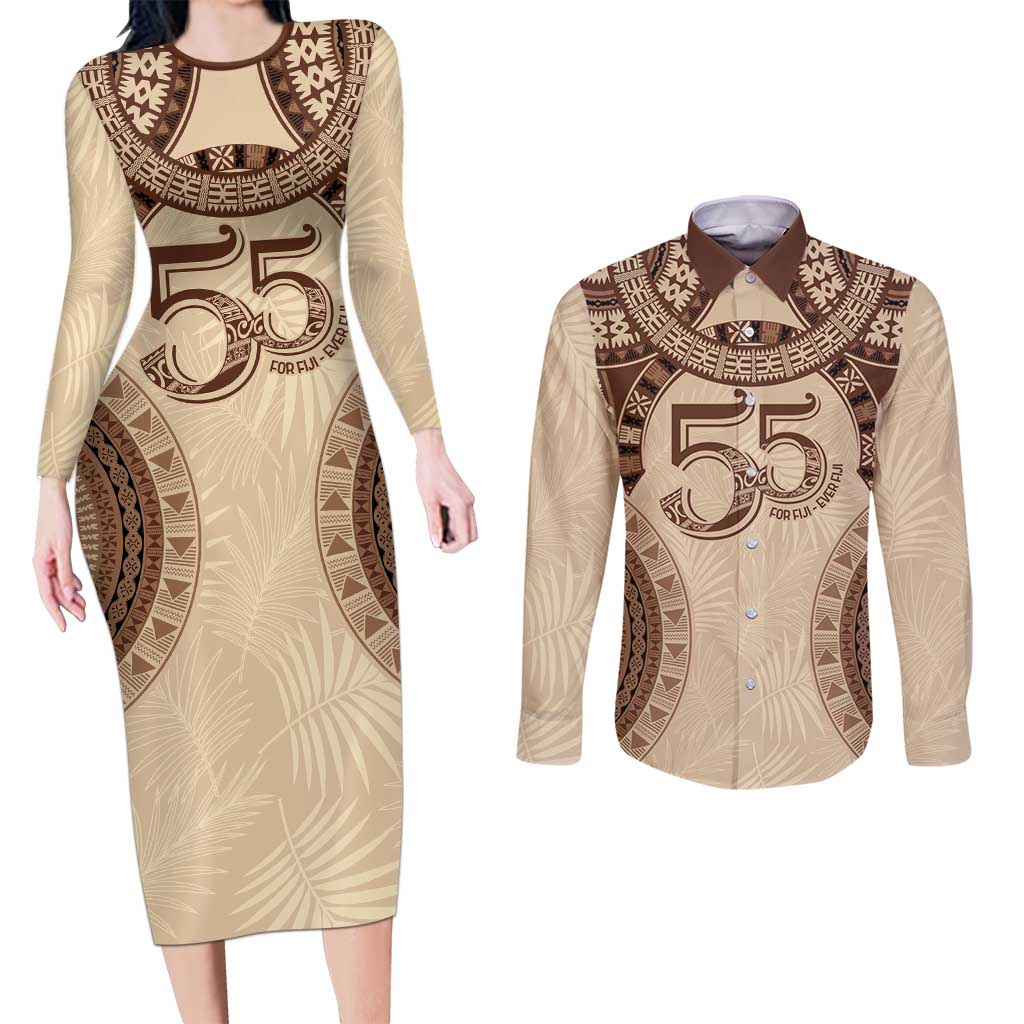 Bula Fiji Day 55th Anniversary Masi Tapa Couples Matching Long Sleeve Bodycon Dress and Long Sleeve Button Shirt Emerald Jubilee - Beige - Polynesian Pride