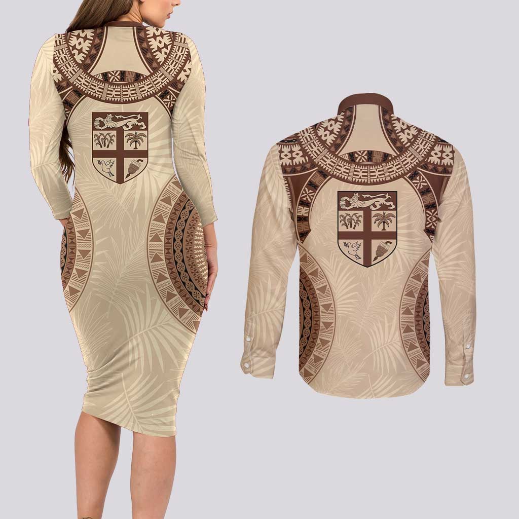 Bula Fiji Day 55th Anniversary Masi Tapa Couples Matching Long Sleeve Bodycon Dress and Long Sleeve Button Shirt Emerald Jubilee - Beige - Polynesian Pride