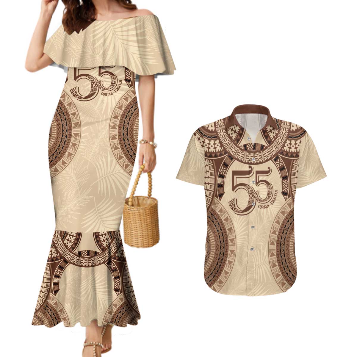 Bula Fiji Day 55th Anniversary Masi Tapa Couples Matching Mermaid Dress and Hawaiian Shirt Emerald Jubilee - Beige - Polynesian Pride