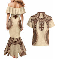 Bula Fiji Day 55th Anniversary Masi Tapa Couples Matching Mermaid Dress and Hawaiian Shirt Emerald Jubilee - Beige - Polynesian Pride