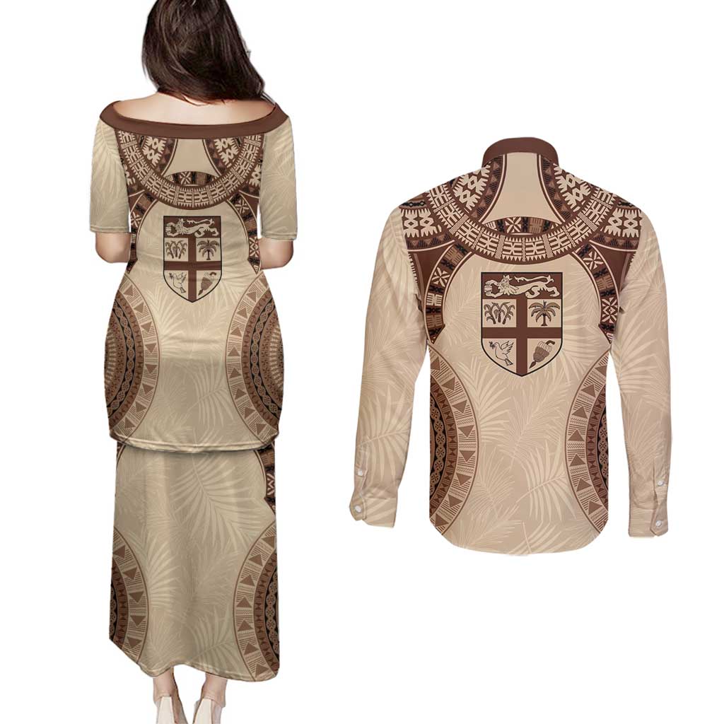 Bula Fiji Day 55th Anniversary Masi Tapa Couples Matching Puletasi and Long Sleeve Button Shirt Emerald Jubilee - Beige - Polynesian Pride