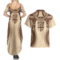 Bula Fiji Day 55th Anniversary Masi Tapa Couples Matching Summer Maxi Dress and Hawaiian Shirt Emerald Jubilee - Beige - Polynesian Pride