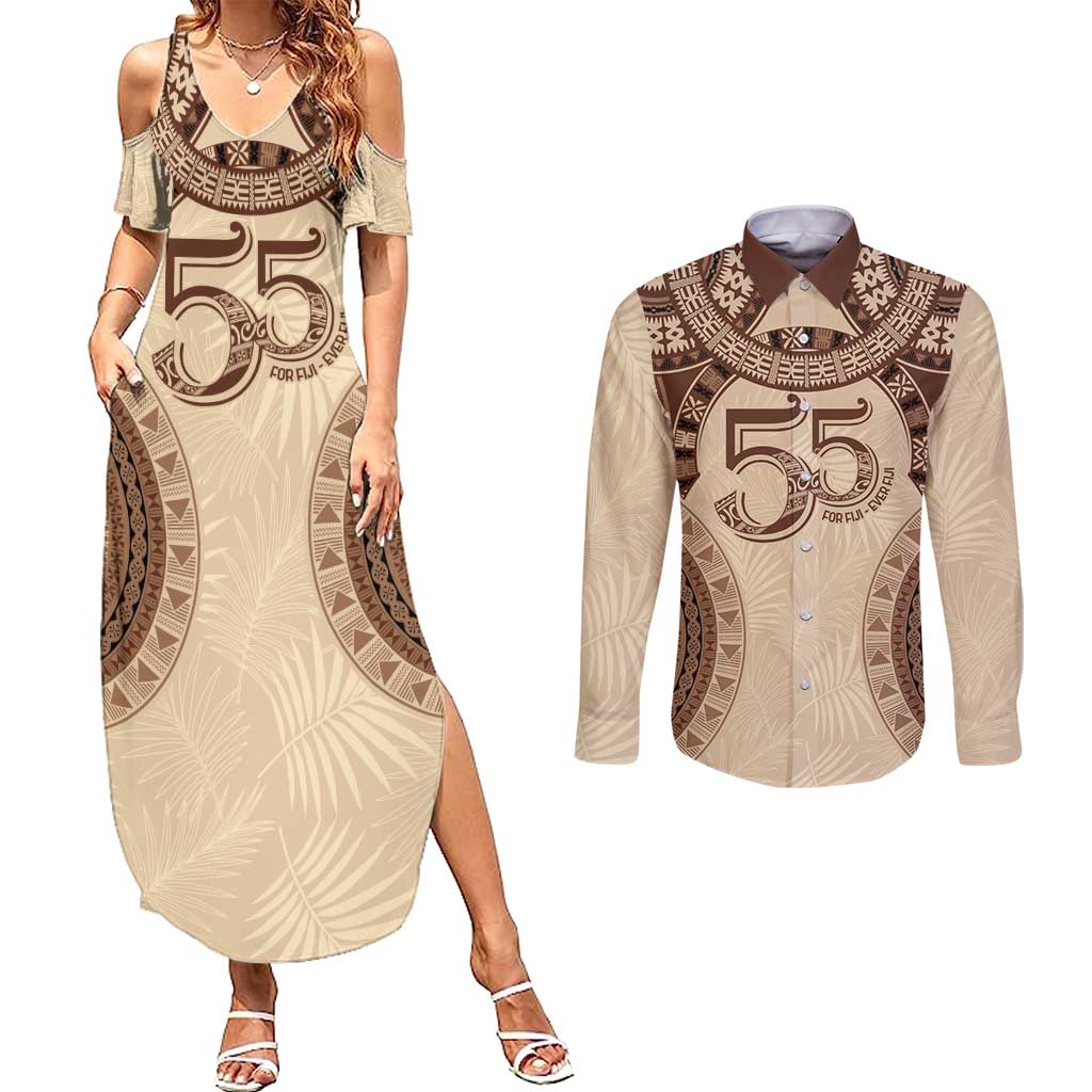 Bula Fiji Day 55th Anniversary Masi Tapa Couples Matching Summer Maxi Dress and Long Sleeve Button Shirt Emerald Jubilee - Beige - Polynesian Pride