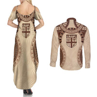 Bula Fiji Day 55th Anniversary Masi Tapa Couples Matching Summer Maxi Dress and Long Sleeve Button Shirt Emerald Jubilee - Beige - Polynesian Pride