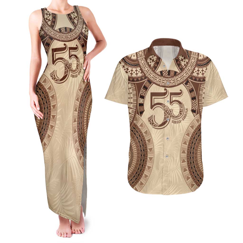 Bula Fiji Day 55th Anniversary Masi Tapa Couples Matching Tank Maxi Dress and Hawaiian Shirt Emerald Jubilee - Beige - Polynesian Pride