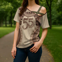 Bula Fiji Day 55th Anniversary Masi Tapa Cross Shoulder Shirt Emerald Jubilee - Beige - Polynesian Pride