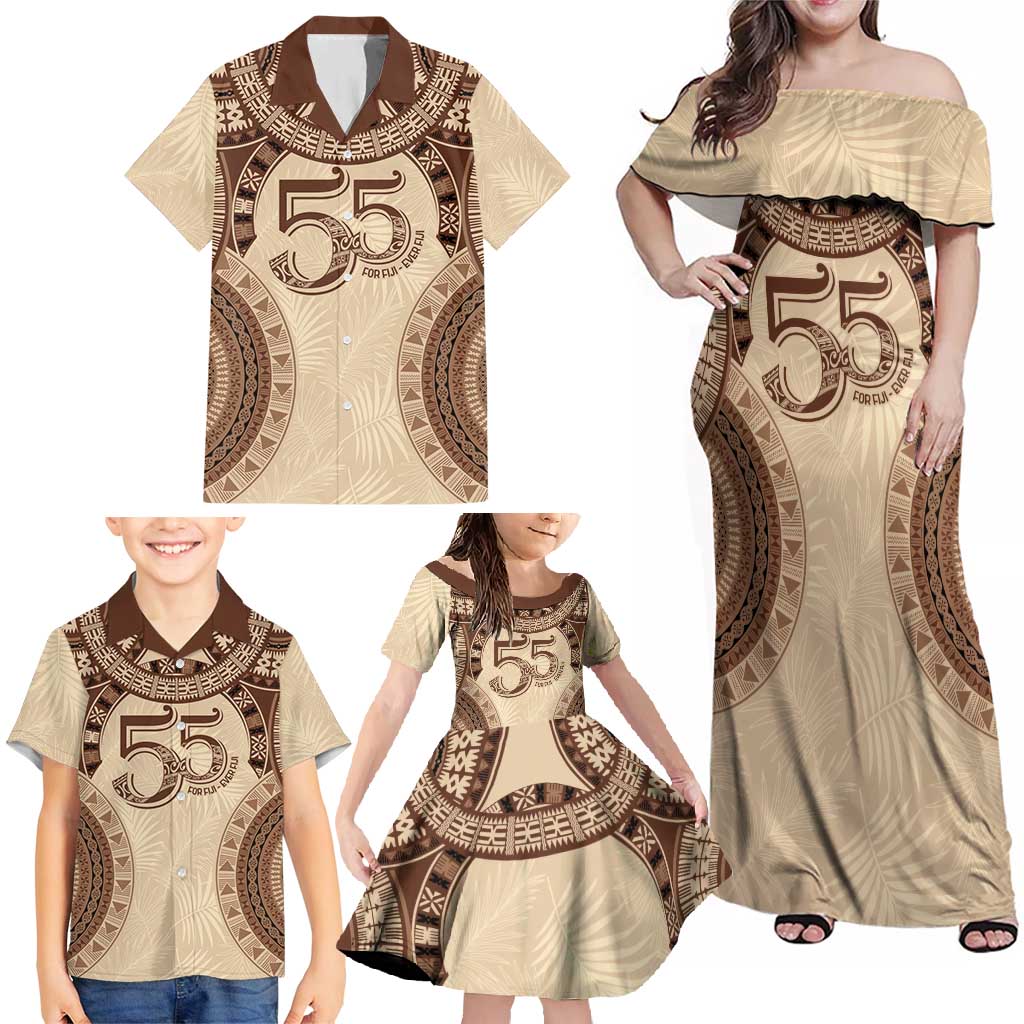 Bula Fiji Day 55th Anniversary Masi Tapa Family Matching Off Shoulder Maxi Dress and Hawaiian Shirt Emerald Jubilee - Beige - Polynesian Pride