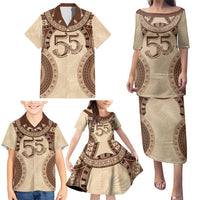 Bula Fiji Day 55th Anniversary Masi Tapa Family Matching Puletasi and Hawaiian Shirt Emerald Jubilee - Beige - Polynesian Pride