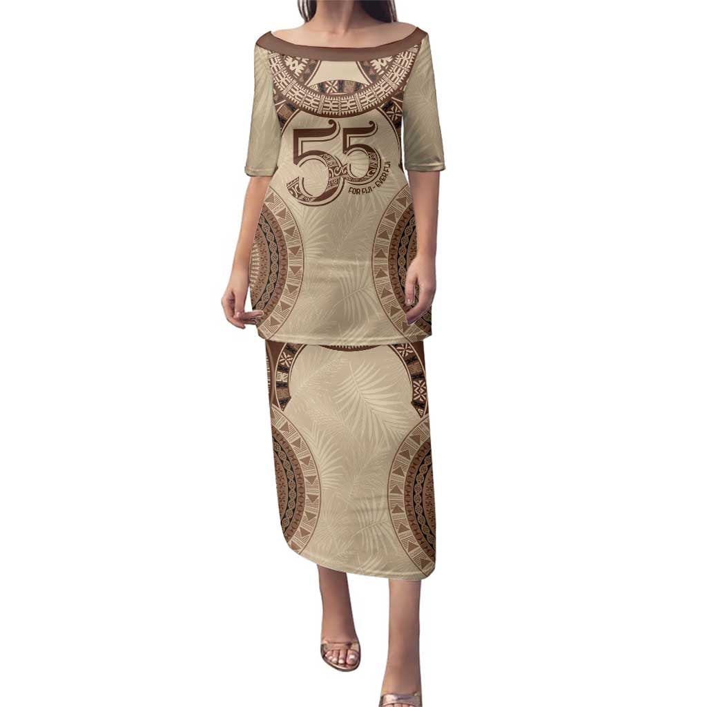 Bula Fiji Day 55th Anniversary Masi Tapa Family Matching Puletasi and Hawaiian Shirt Emerald Jubilee - Beige - Polynesian Pride