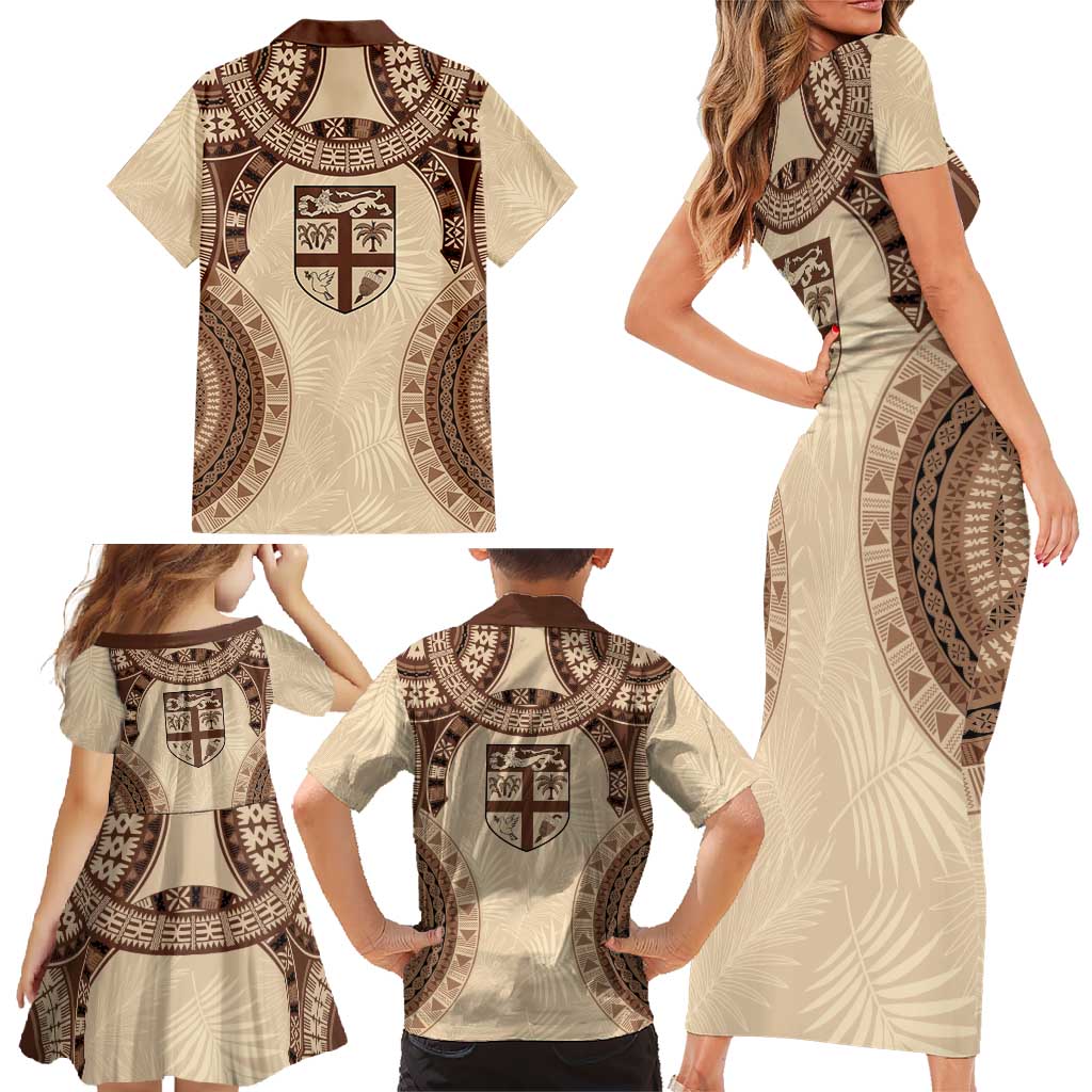 Bula Fiji Day 55th Anniversary Masi Tapa Family Matching Short Sleeve Bodycon Dress and Hawaiian Shirt Emerald Jubilee - Beige - Polynesian Pride