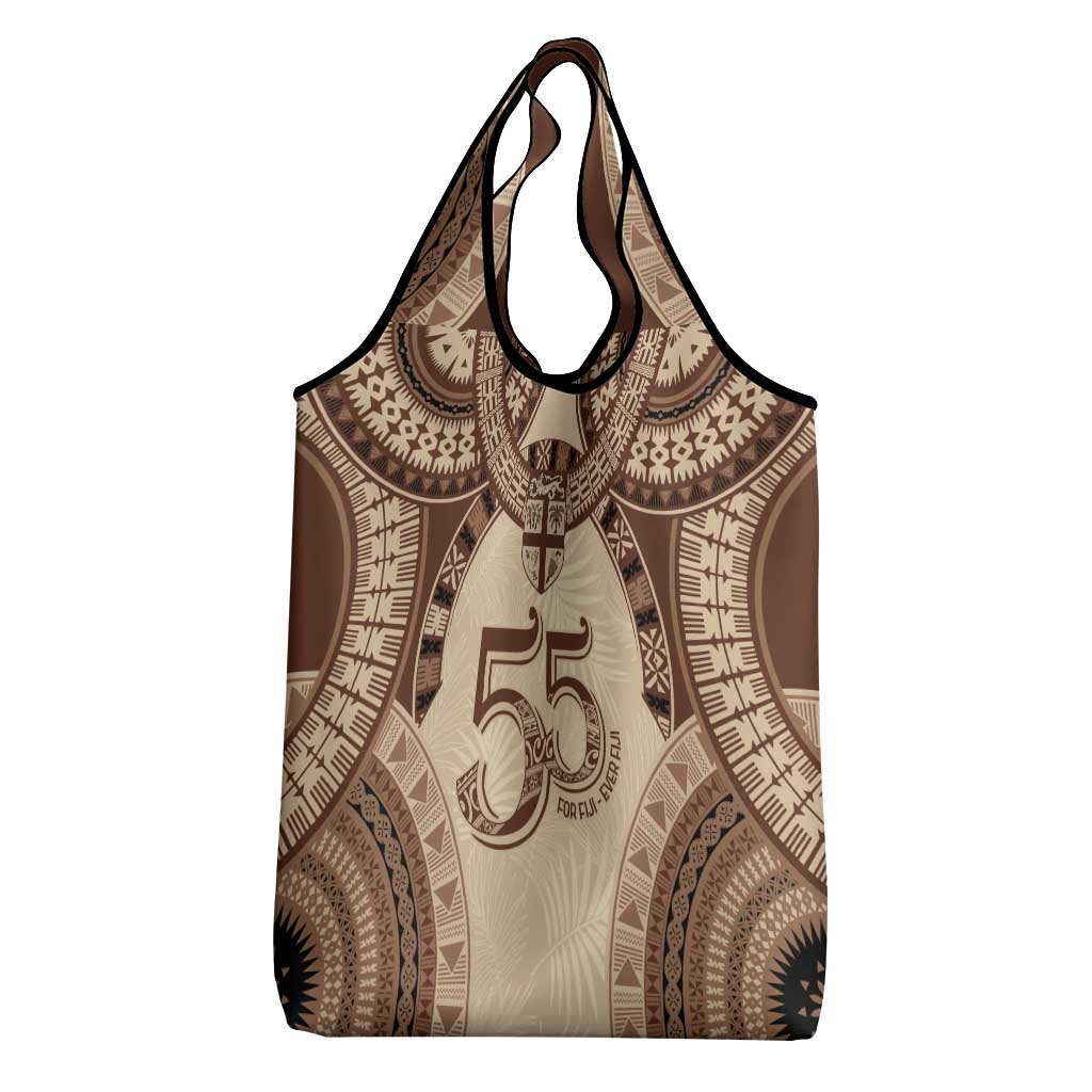 Bula Fiji Day 55th Anniversary Masi Tapa Grocery Bag Emerald Jubilee - Beige - Polynesian Pride