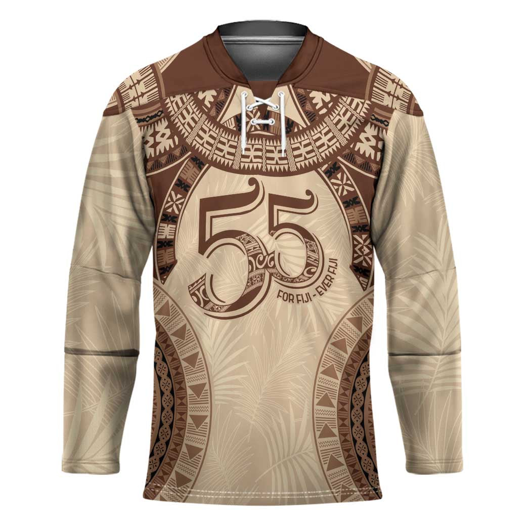 Bula Fiji Day 55th Anniversary Masi Tapa Hockey Jersey Emerald Jubilee - Beige - Polynesian Pride