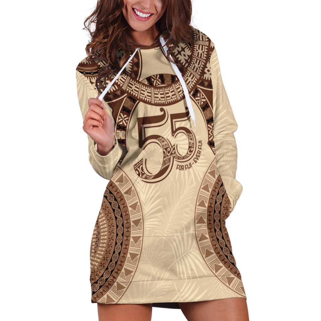 Bula Fiji Day 55th Anniversary Masi Tapa Hoodie Dress Emerald Jubilee - Beige - Polynesian Pride