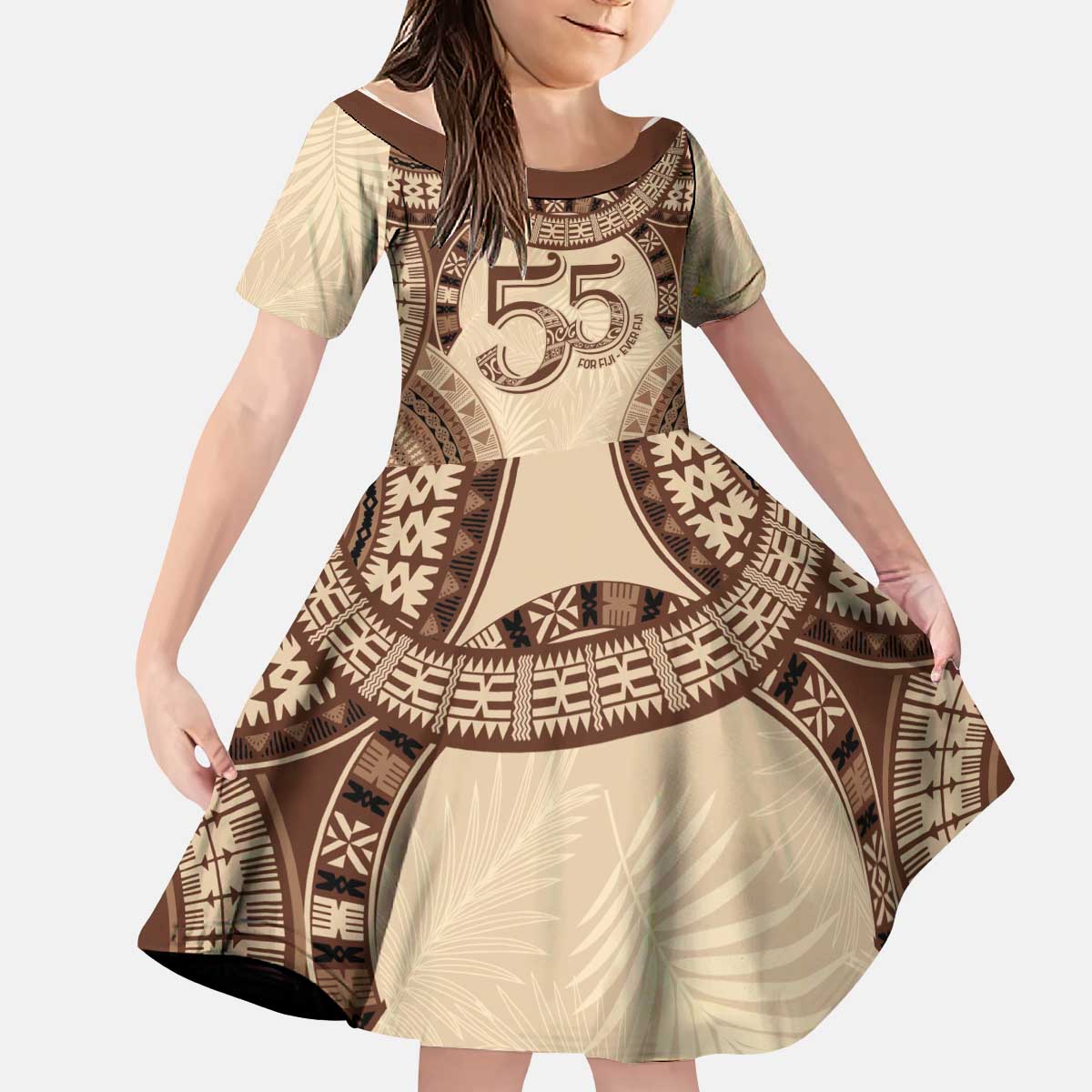 Bula Fiji Day 55th Anniversary Masi Tapa Kid Short Sleeve Dress Emerald Jubilee - Beige - Polynesian Pride