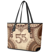 Bula Fiji Day 55th Anniversary Masi Tapa Leather Tote Bag Emerald Jubilee - Beige - Polynesian Pride