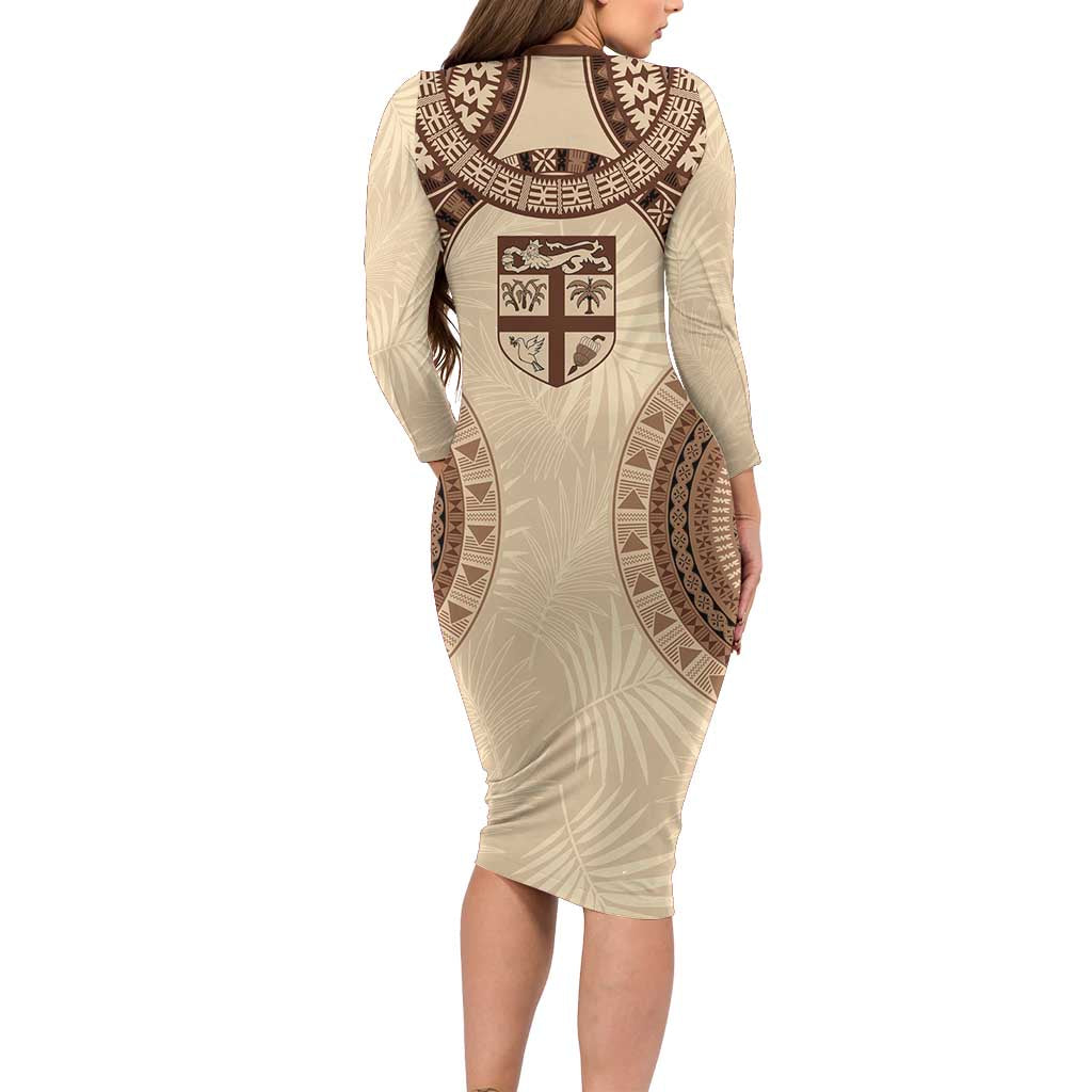Bula Fiji Day 55th Anniversary Masi Tapa Long Sleeve Bodycon Dress Emerald Jubilee - Beige - Polynesian Pride