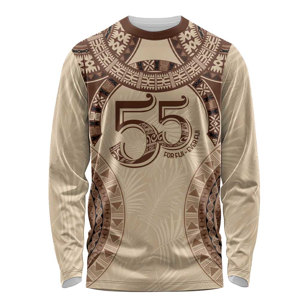 Bula Fiji Day 55th Anniversary Masi Tapa Long Sleeve Shirt Emerald Jubilee - Beige - Polynesian Pride