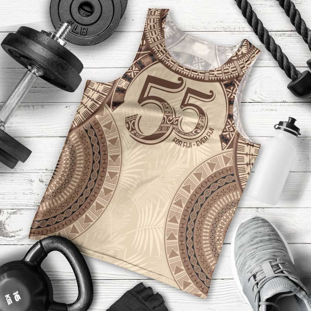 Bula Fiji Day 55th Anniversary Masi Tapa Men Tank Top Emerald Jubilee - Beige - Polynesian Pride