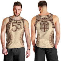 Bula Fiji Day 55th Anniversary Masi Tapa Men Tank Top Emerald Jubilee - Beige - Polynesian Pride