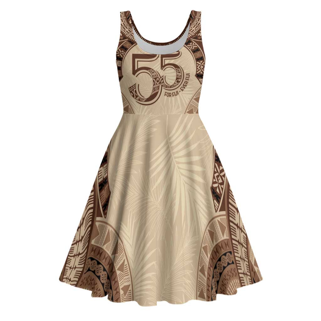 Bula Fiji Day 55th Anniversary Masi Tapa Midi Dress Emerald Jubilee - Beige - Polynesian Pride