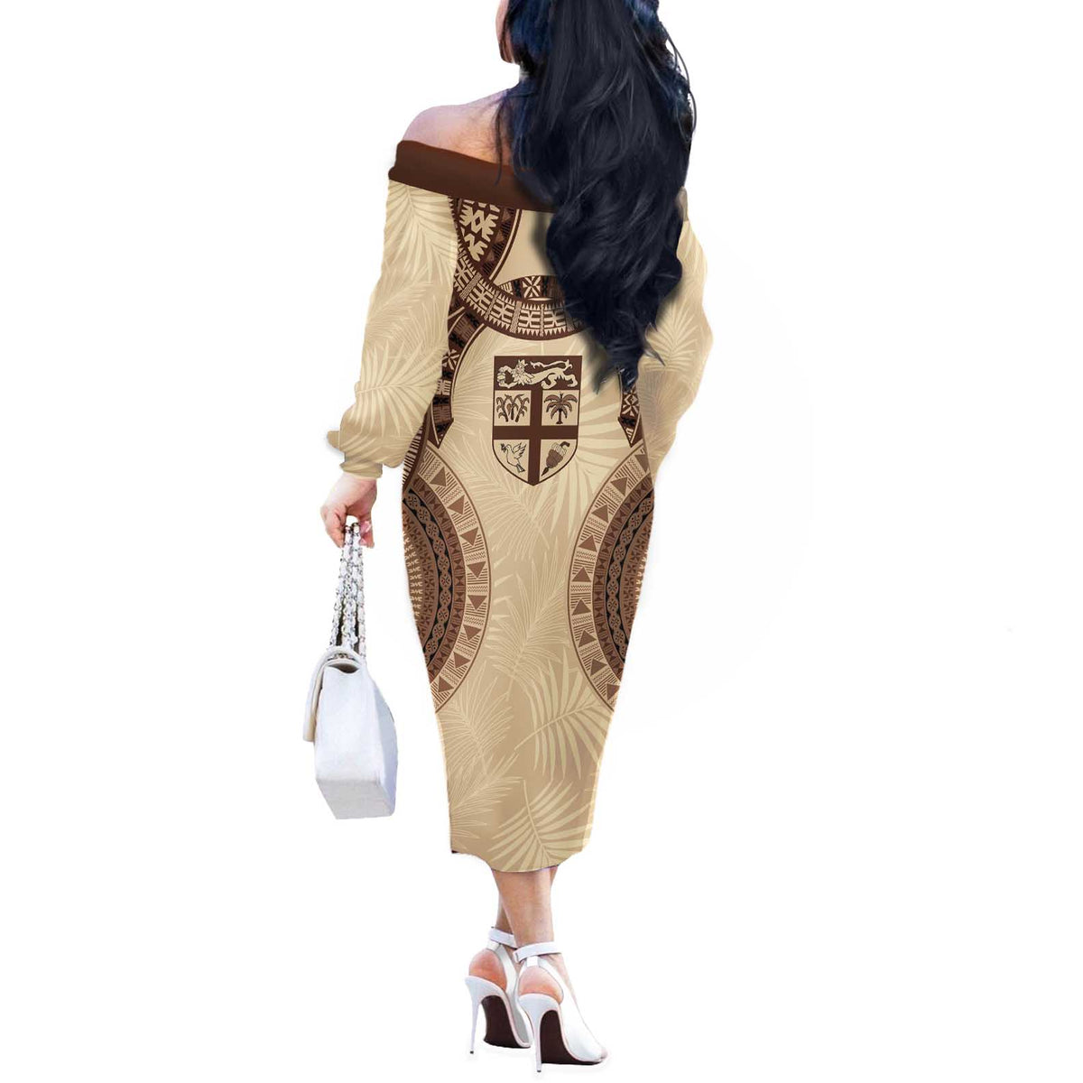 Bula Fiji Day 55th Anniversary Masi Tapa Off The Shoulder Long Sleeve Dress Emerald Jubilee - Beige - Polynesian Pride