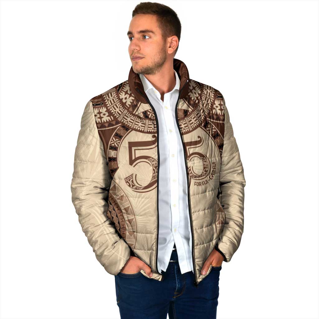 Bula Fiji Day 55th Anniversary Masi Tapa Padded Jacket Emerald Jubilee - Beige - Polynesian Pride