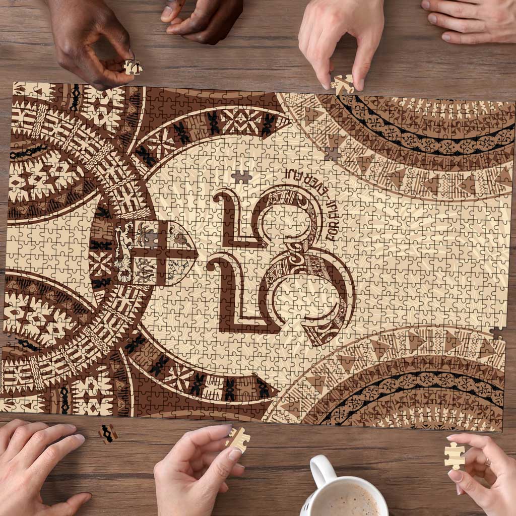 Bula Fiji Day 55th Anniversary Masi Tapa Puzzle Emerald Jubilee - Beige - Polynesian Pride