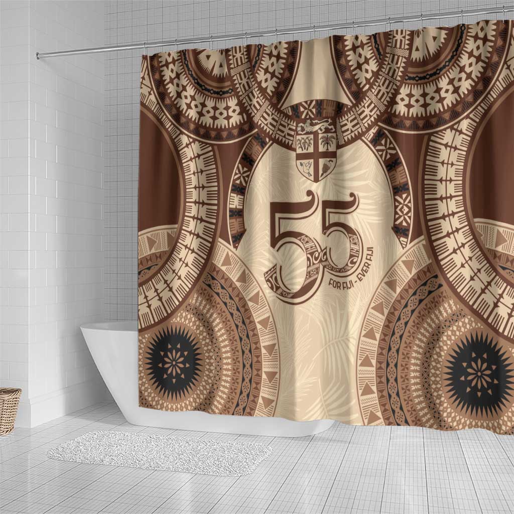 Bula Fiji Day 55th Anniversary Masi Tapa Shower Curtain Emerald Jubilee - Beige - Polynesian Pride