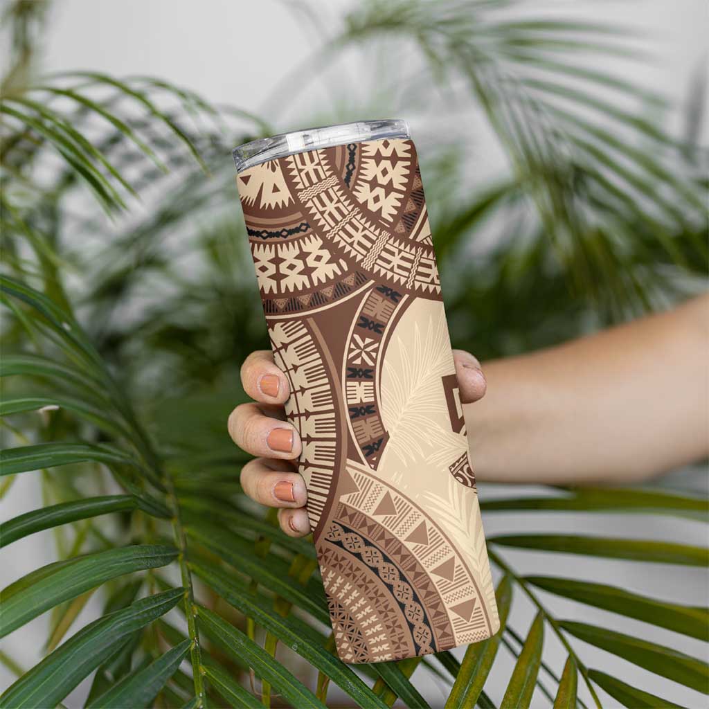 Bula Fiji Day 55th Anniversary Masi Tapa Skinny Tumbler Emerald Jubilee - Beige - Polynesian Pride