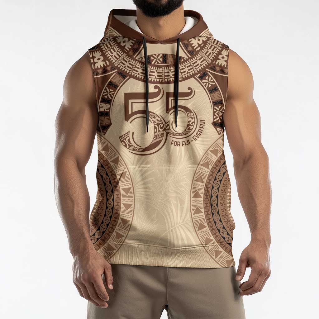 Bula Fiji Day 55th Anniversary Masi Tapa Sleeveless Hoodie Emerald Jubilee - Beige - Polynesian Pride