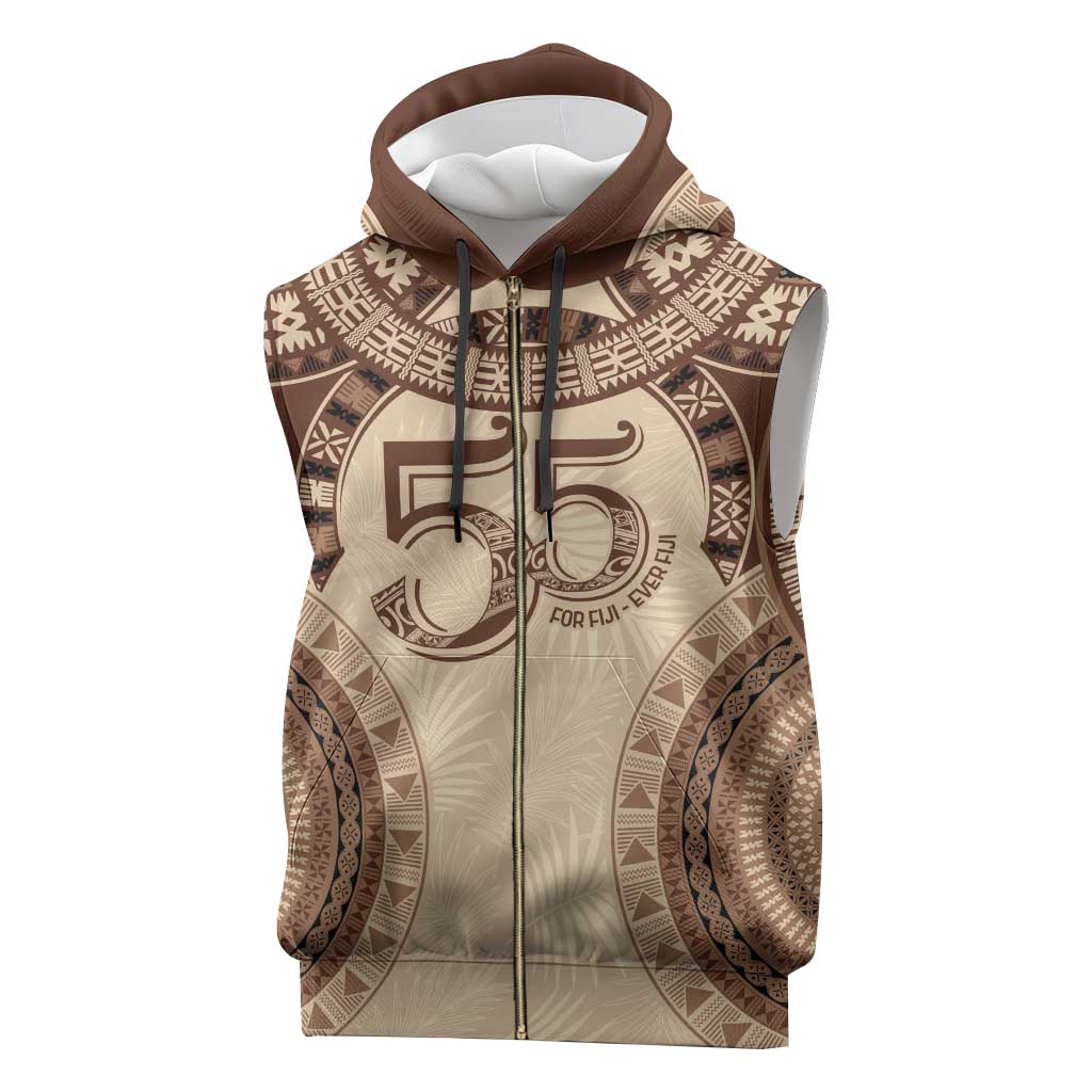 Bula Fiji Day 55th Anniversary Masi Tapa Sleeveless Zip Hoodie Emerald Jubilee - Beige - Polynesian Pride