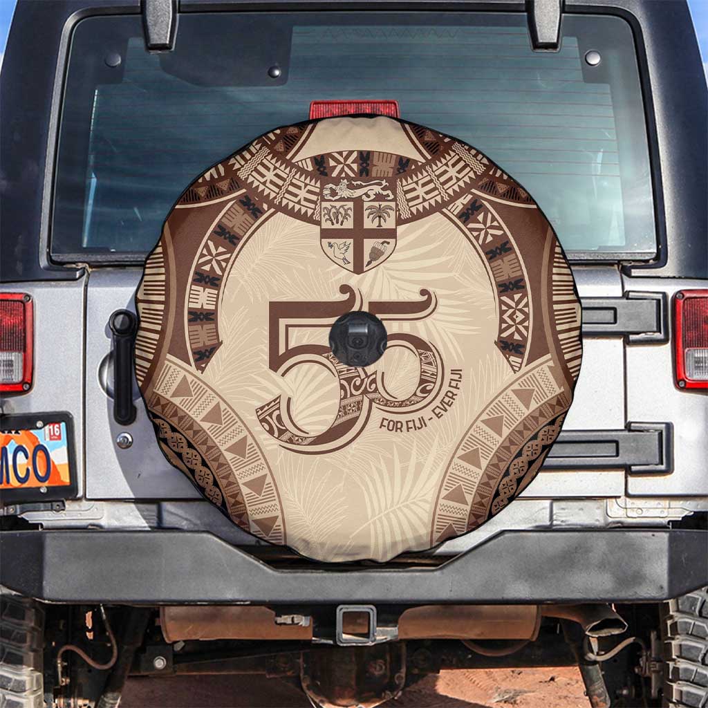 Bula Fiji Day 55th Anniversary Masi Tapa Spare Tire Cover Emerald Jubilee - Beige - Polynesian Pride