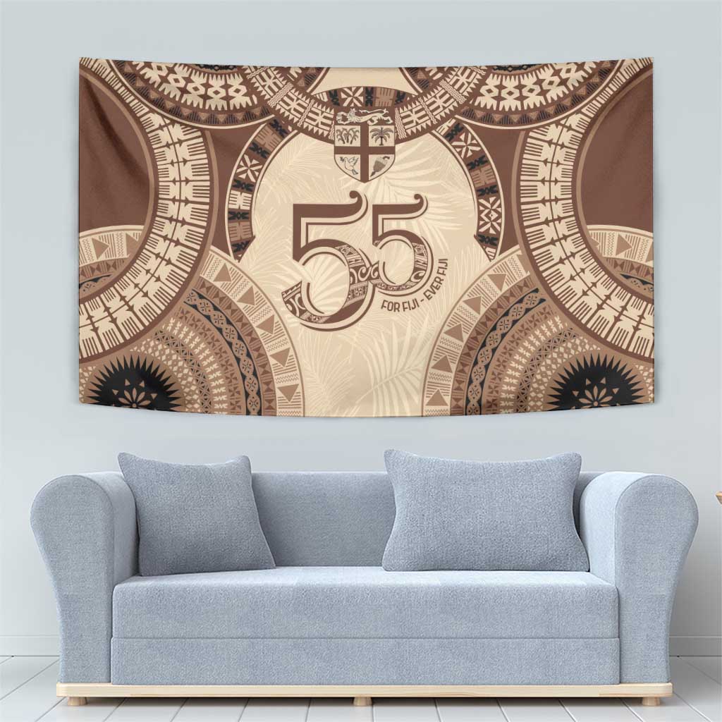 Bula Fiji Day 55th Anniversary Masi Tapa Tapestry Emerald Jubilee - Beige - Polynesian Pride