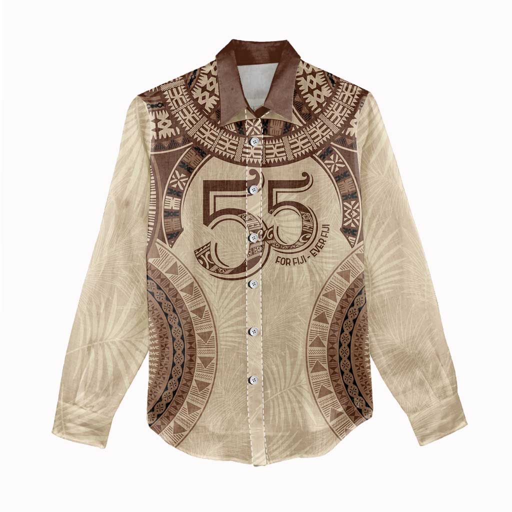 Bula Fiji Day 55th Anniversary Masi Tapa Women Casual Shirt Emerald Jubilee - Beige - Polynesian Pride