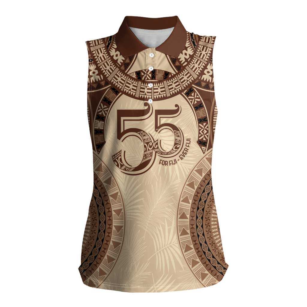 Bula Fiji Day 55th Anniversary Masi Tapa Women Sleeveless Polo Shirt Emerald Jubilee - Beige - Polynesian Pride
