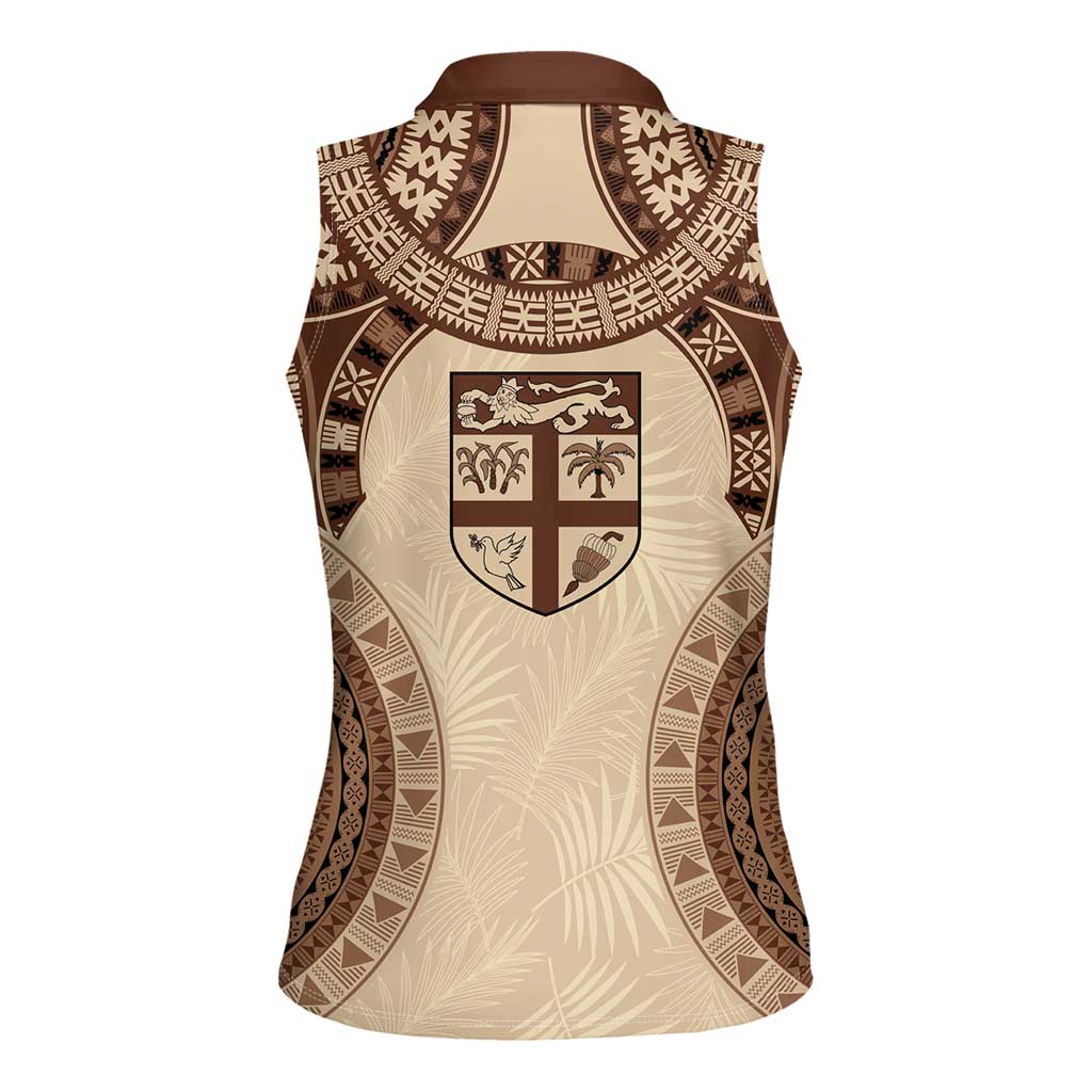 Bula Fiji Day 55th Anniversary Masi Tapa Women Sleeveless Polo Shirt Emerald Jubilee - Beige - Polynesian Pride