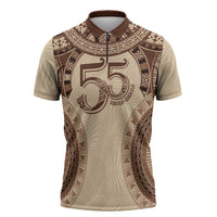 Bula Fiji Day 55th Anniversary Masi Tapa Zipper Polo Shirt Emerald Jubilee - Beige - Polynesian Pride