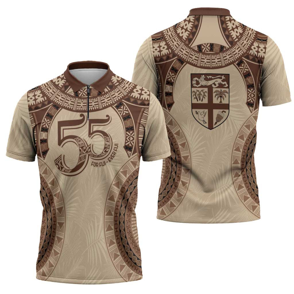 Bula Fiji Day 55th Anniversary Masi Tapa Zipper Polo Shirt Emerald Jubilee - Beige - Polynesian Pride