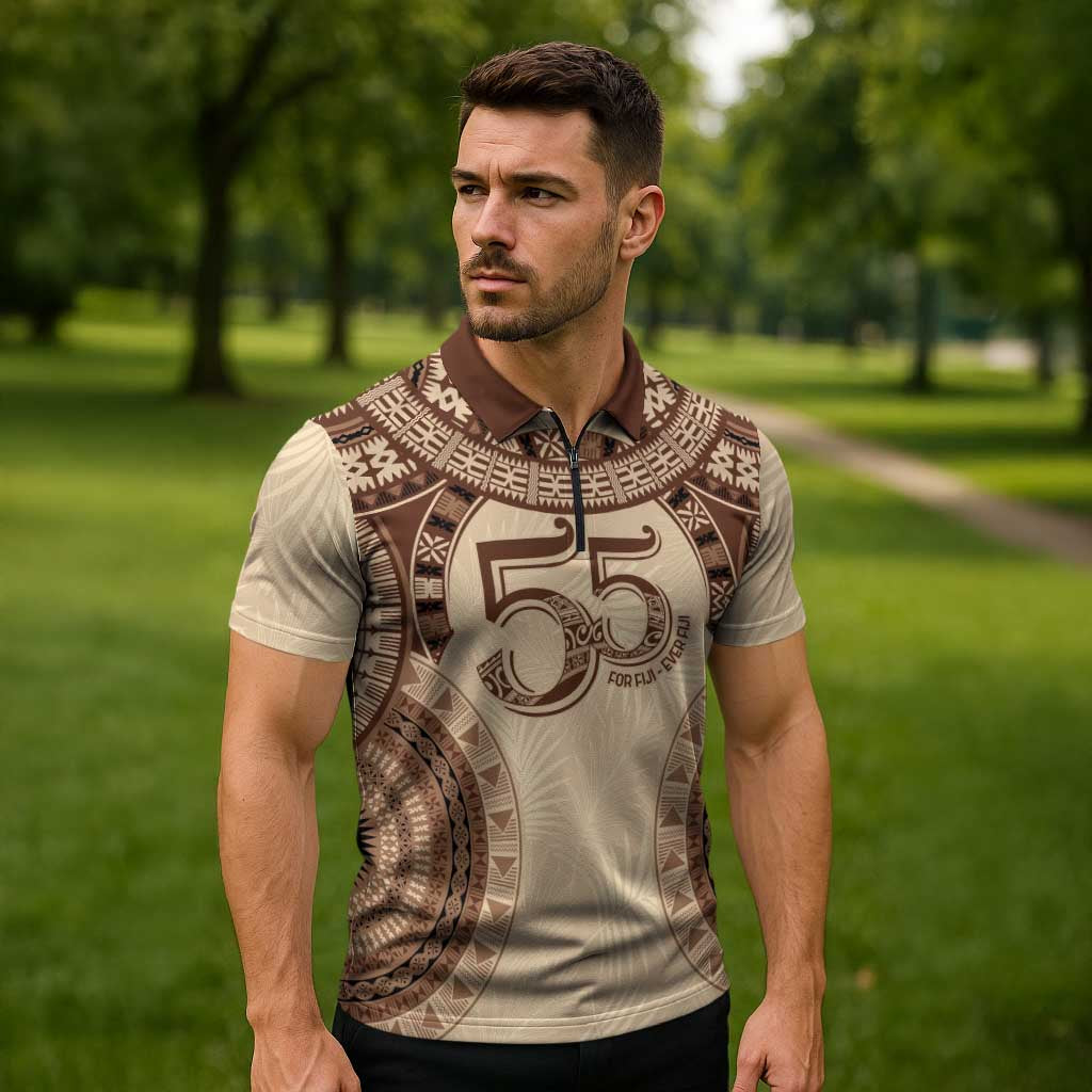 Bula Fiji Day 55th Anniversary Masi Tapa Zipper Polo Shirt Emerald Jubilee - Beige - Polynesian Pride