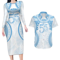 Bula Fiji Day 55th Anniversary Masi Tapa Couples Matching Long Sleeve Bodycon Dress and Hawaiian Shirt Emerald Jubilee - Turquoise - Polynesian Pride